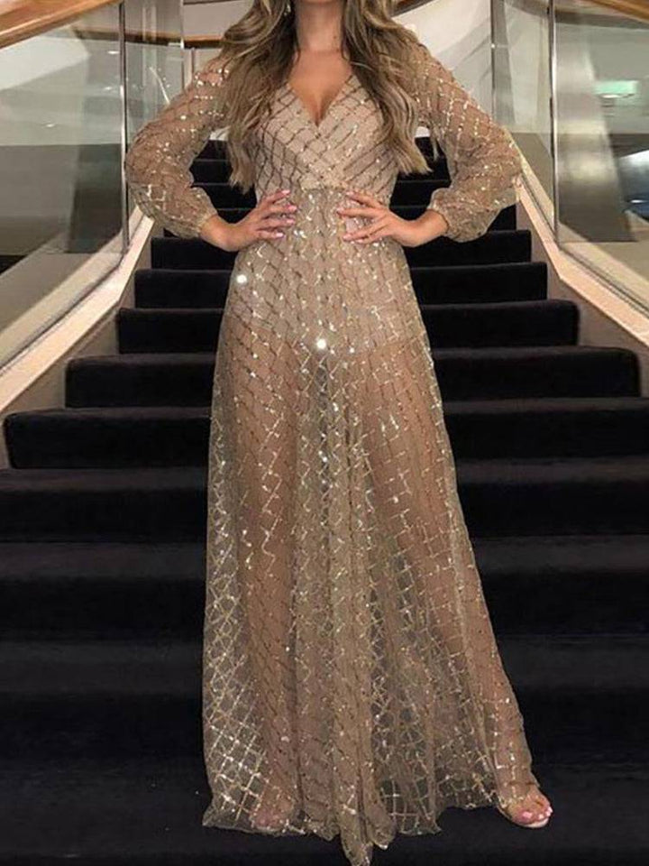 Sequin Mesh V Neck Maxi Dress Golden / L
