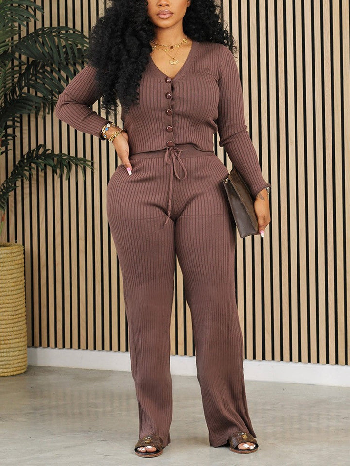 Rib Knit Solid Set Brown / S