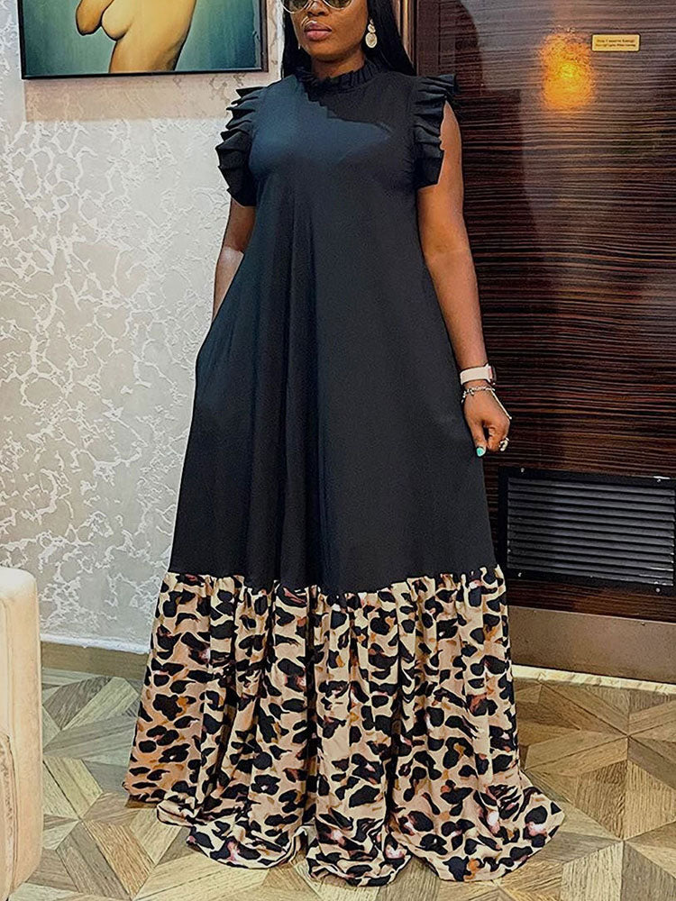 Printed Ruffle Sleeveless Maxi Dress Black / L