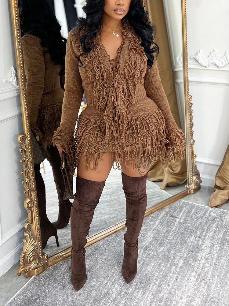 Fringe Knit Sweater & Skirt Set