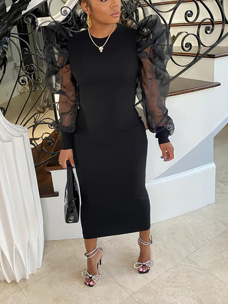 Elegant Puff Sleeve Maxi Dresses Black / M