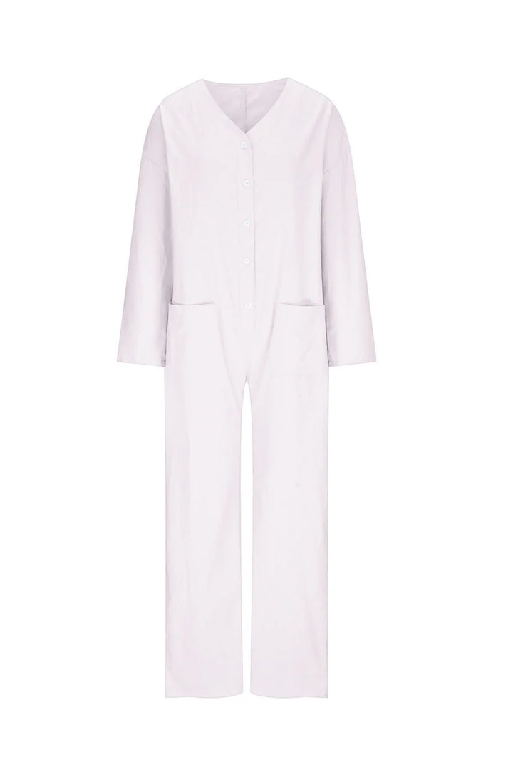 V Neck Button-up Cotton Linen Baggy Jumpsuit