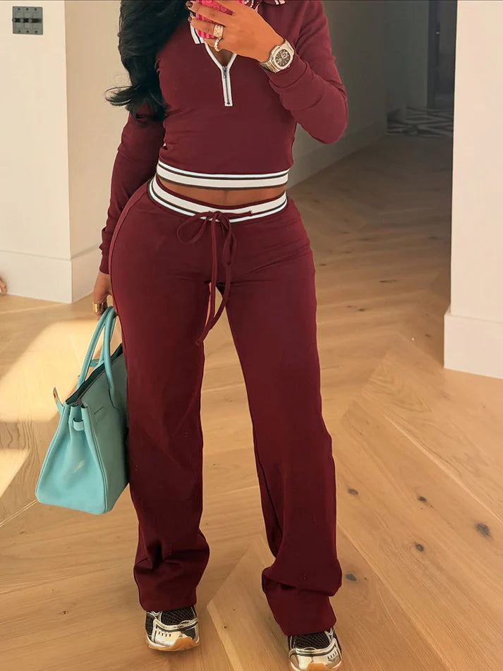 Contrast Polo Crop Top & Flared Pants Set