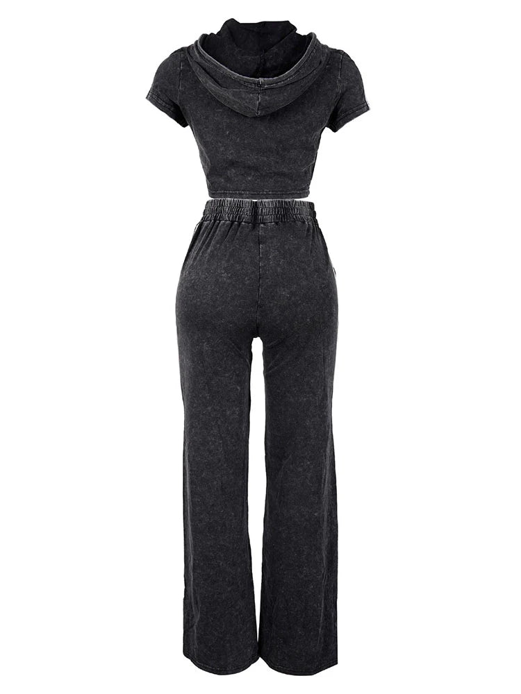 Washed Crop Hoodie & Wide Pants Set