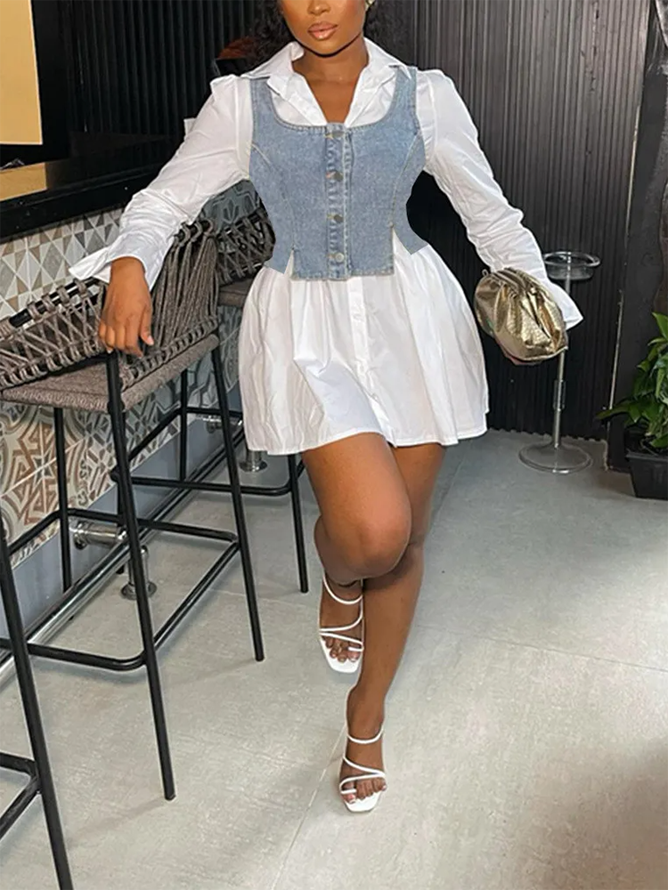 Denim Vest And Shirt Dress Set White / S