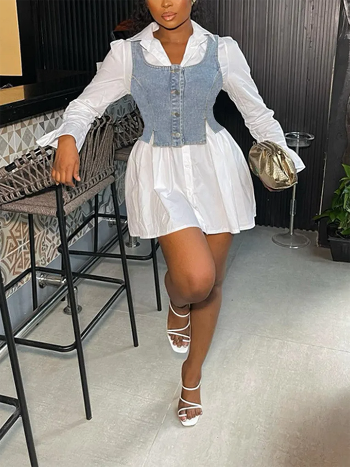 Denim Vest And Shirt Dress Set White / S