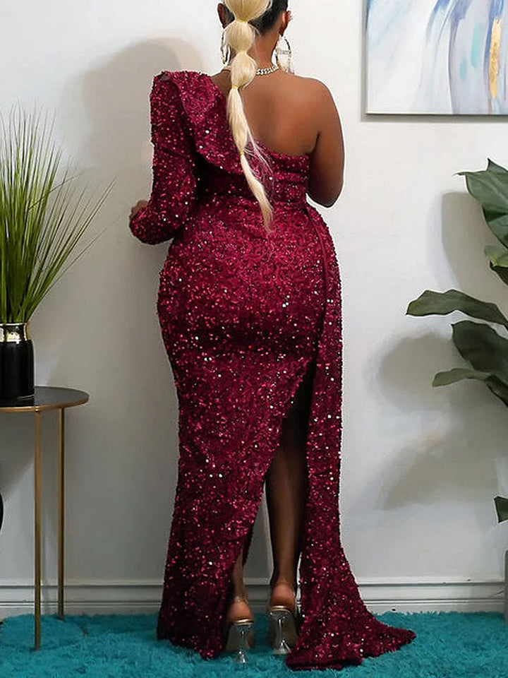 Sequin One Shoulder Slit Ruffle Prom Dresses Burgundy / L