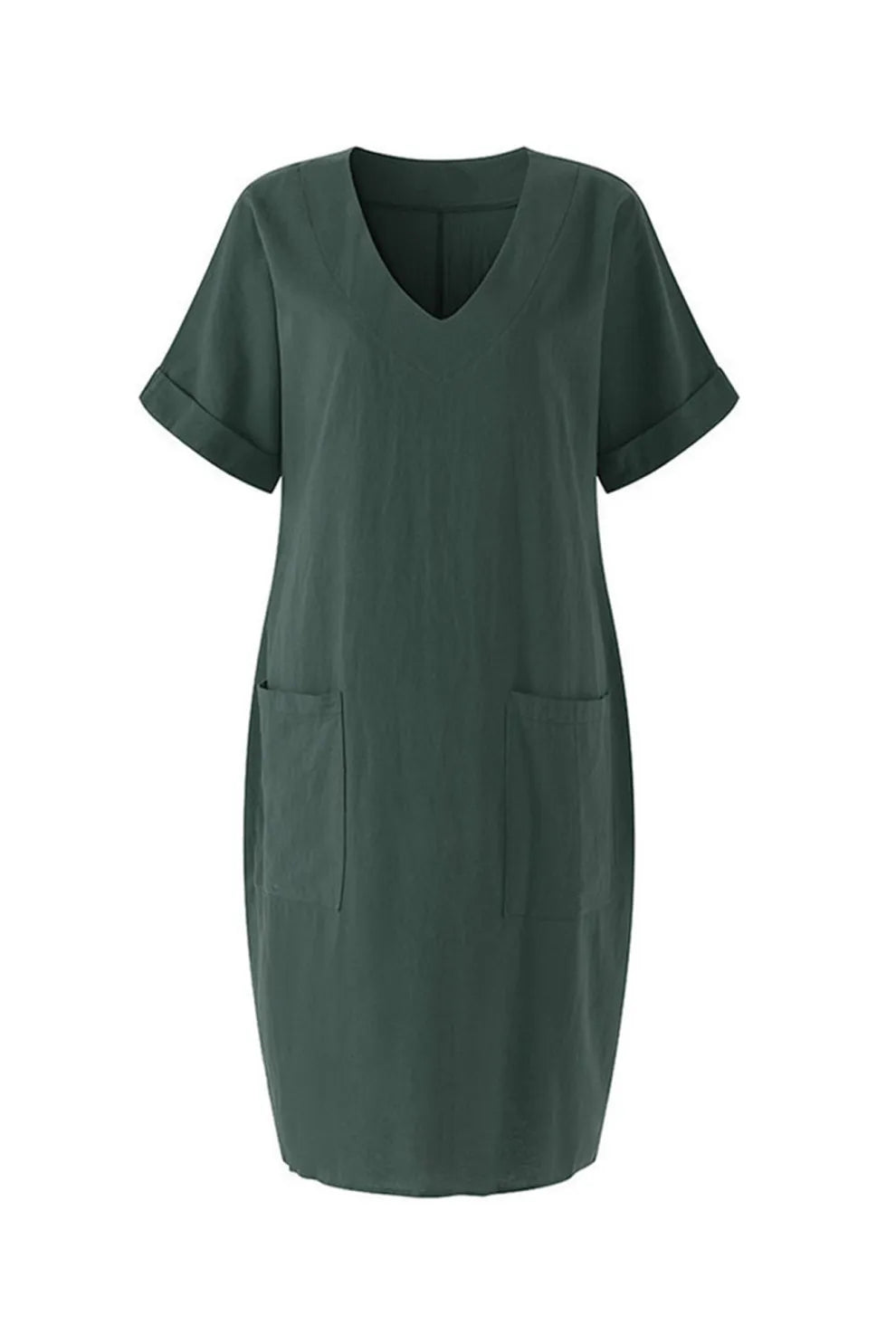 V Neck Short Sleeve Pocketed Cotton Dress