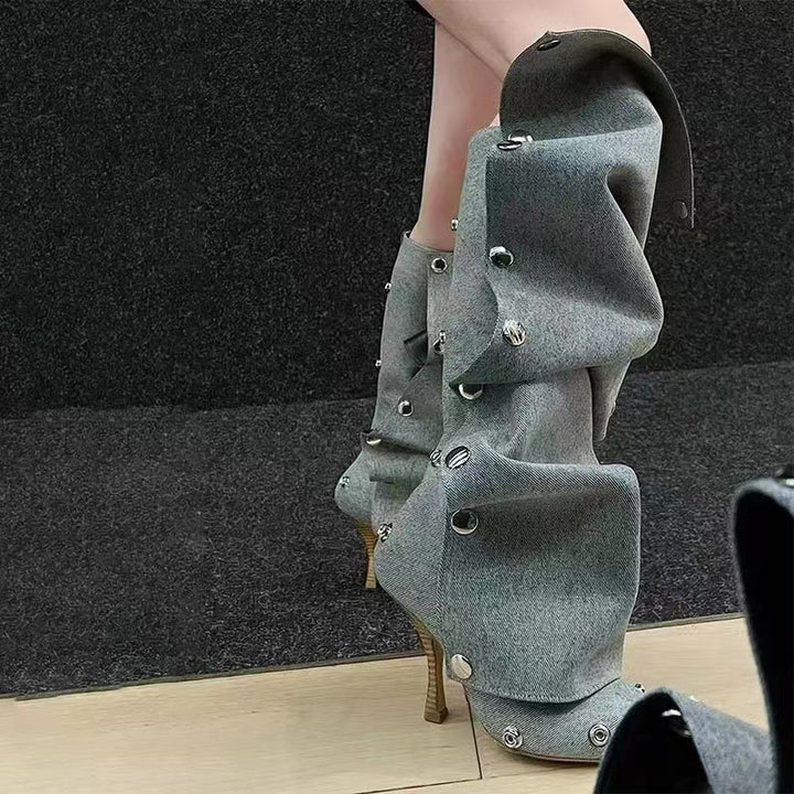 Metal Rivet Denim Patchwork Boots