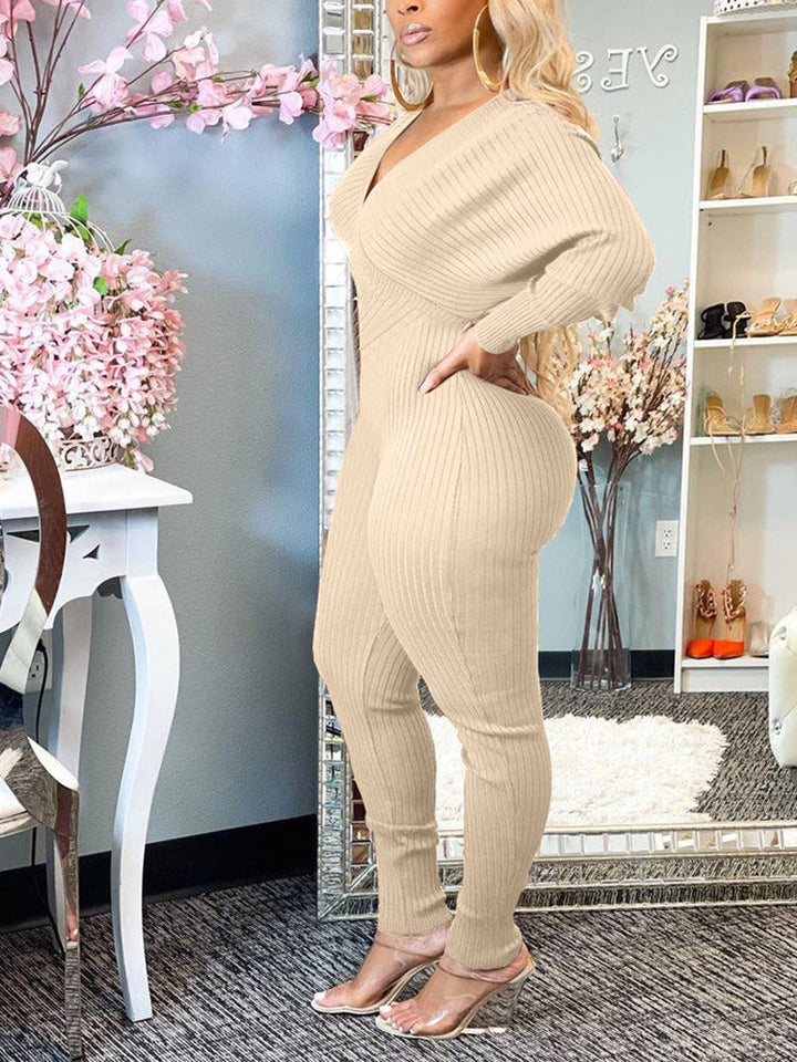 Off Shoulder Ribbed Jumpsuit Coffee / XL