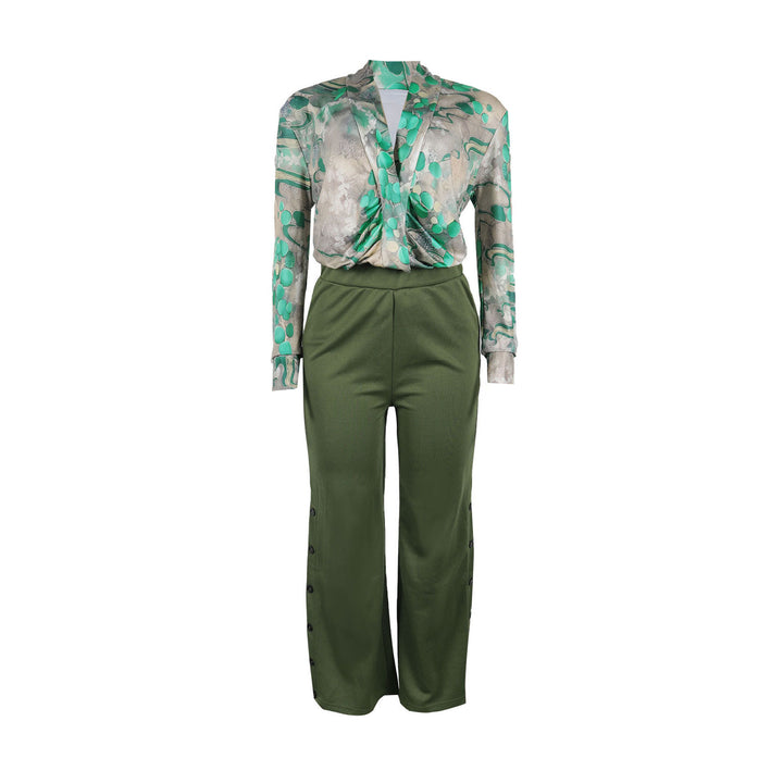 Vintage Printed V-Neck Shirt Wide Leg Pants Set