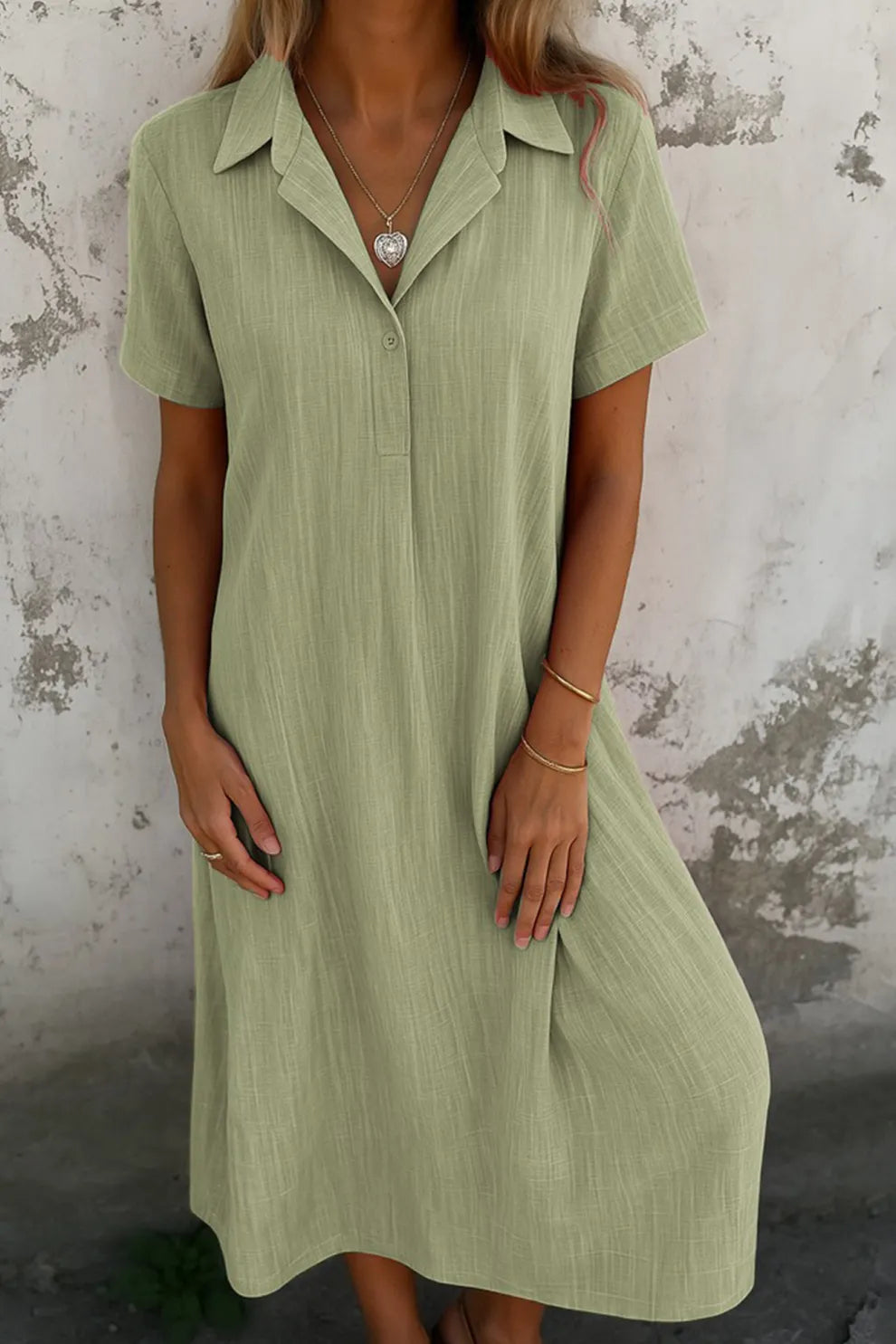 V-Neck Solid Color Short-Sleeve Shirt Dress