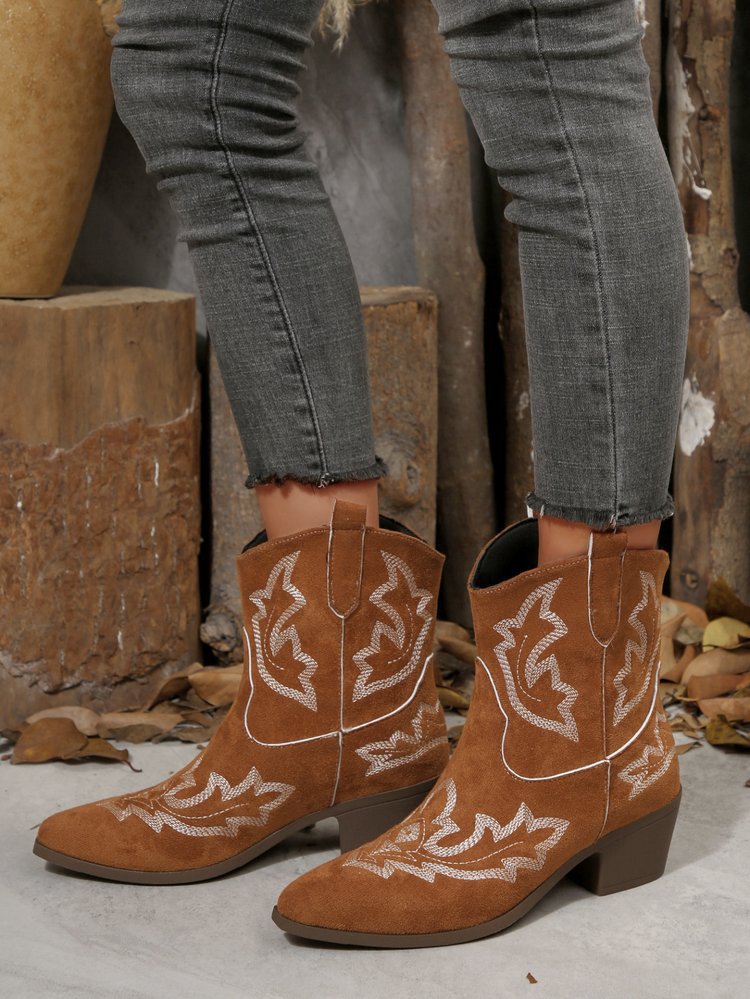 Pointed Toe Embroidered Women's Leather Boots