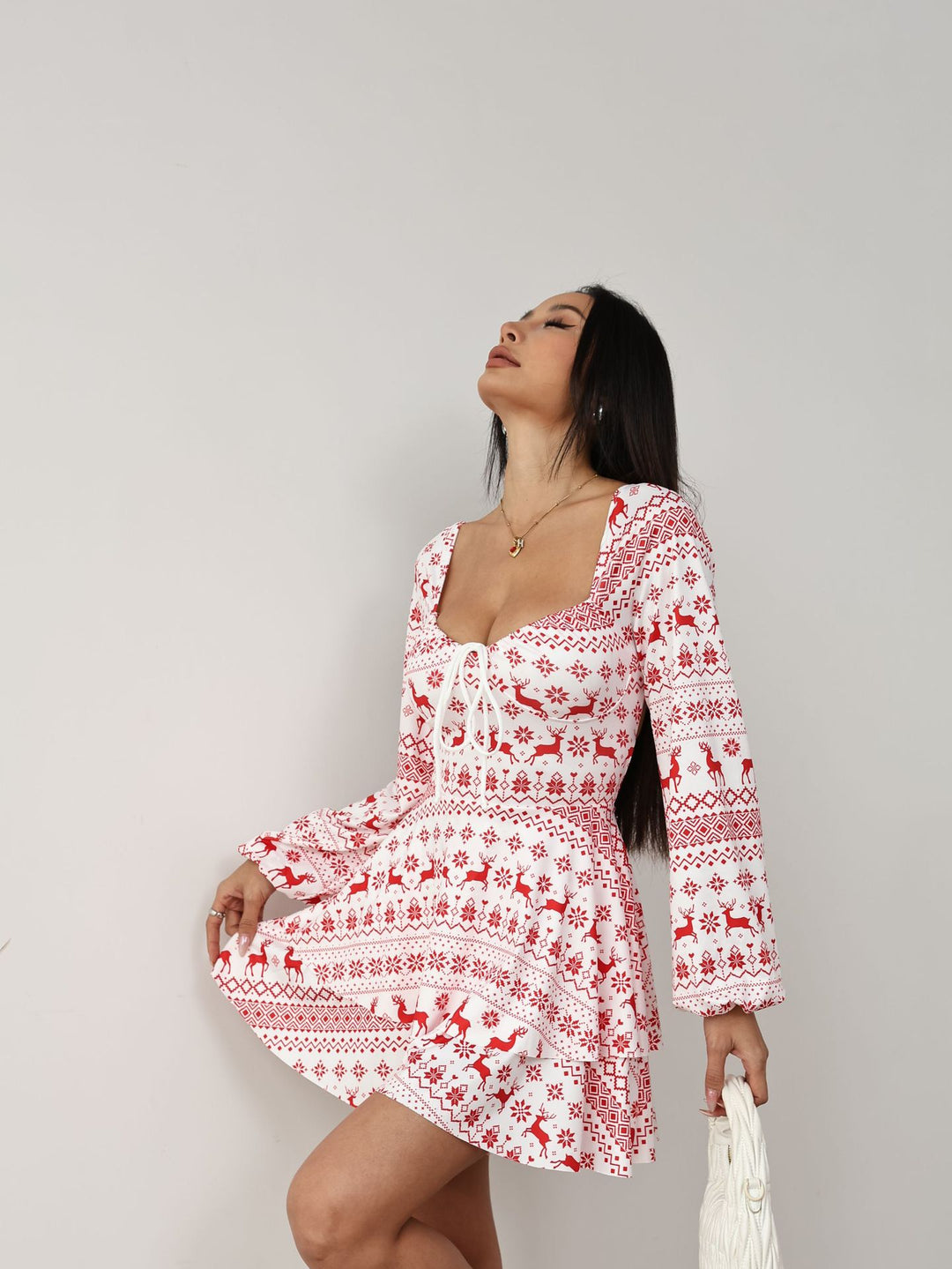 Christmas Drawstring Backless Long-Sleeve Dress