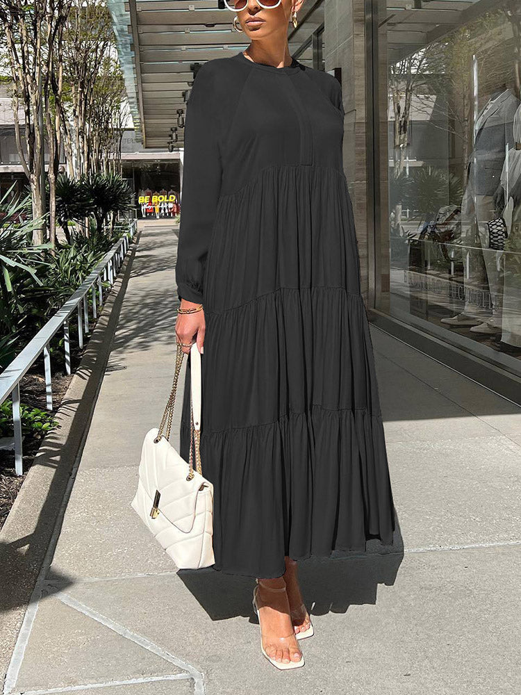 Solid Color Long Sleeve Ruffle Dress Apricot / L