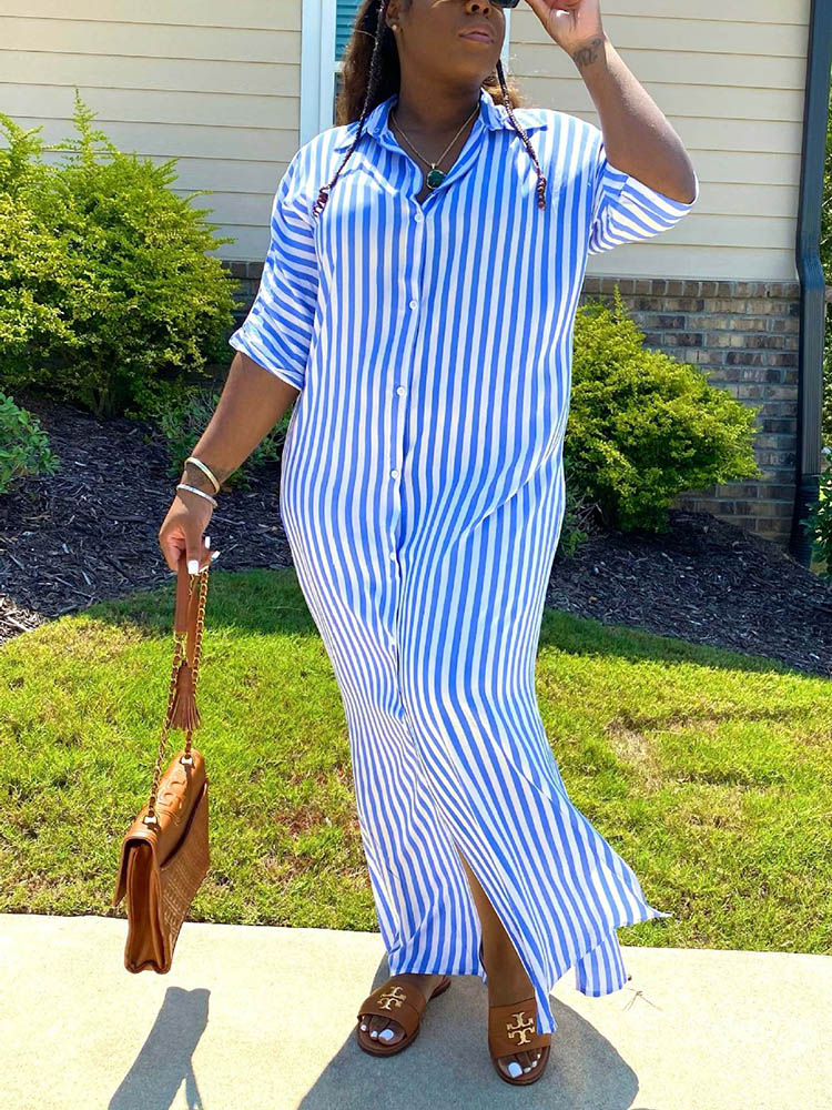 Striped Shirt Dress Blue / 3XL
