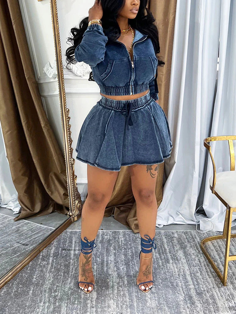 Washed Denim Cropped Jacket And Mini Skirt Set