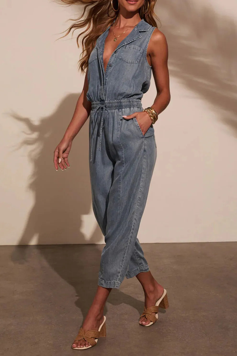 Lapel High Rise Sleeveless Denim Jumpsuits