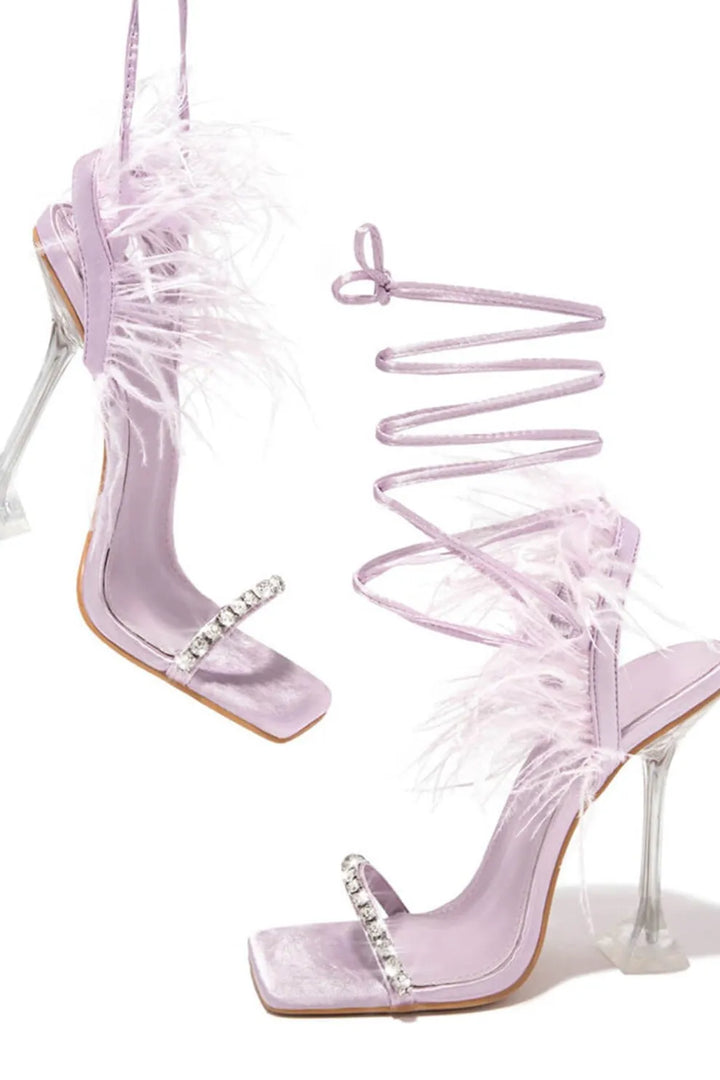 Rhinestone Feather Tie-up Square Toe Sandals