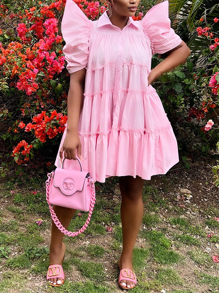 Puff Sleeve Ruffle Shirt Dress Pink / L