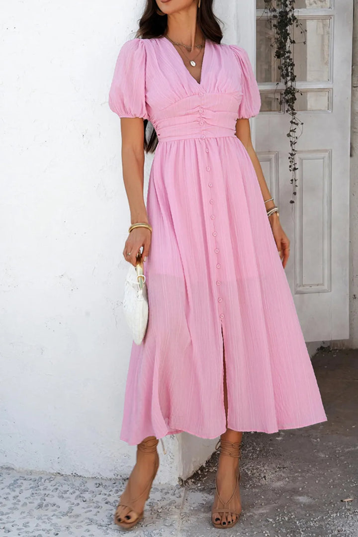 Puff Sleeve Single Breasted Slit Dress