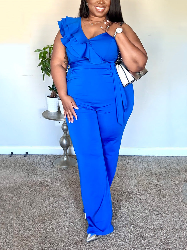 Ruffle Belted Wide Jumpsuit Blue / XL