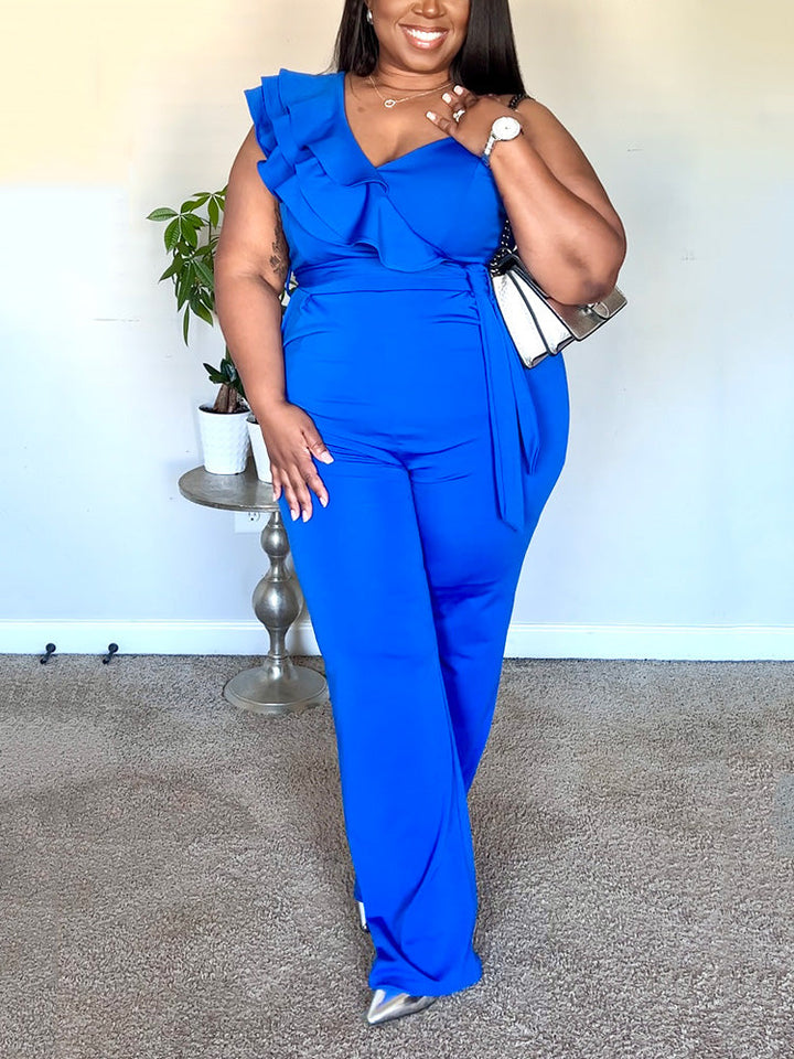 Ruffle Belted Wide Jumpsuit Blue / XL