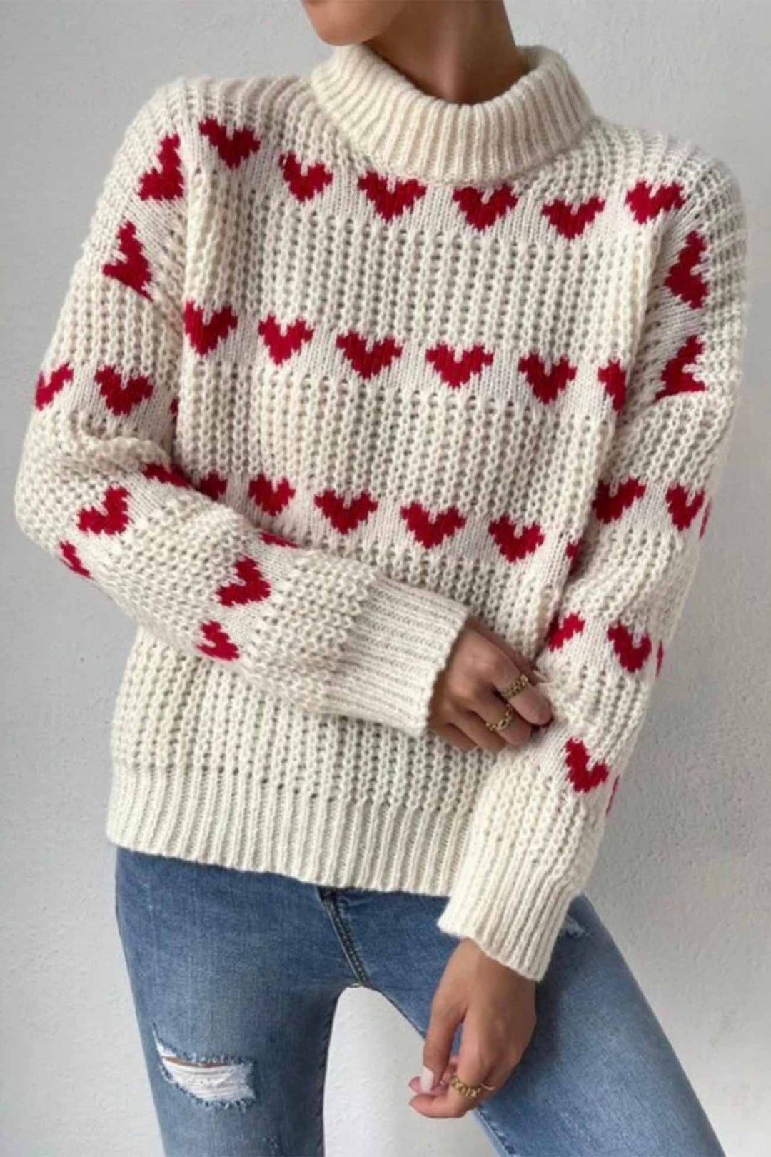 Heart Jacquard knitted Sweater Off White · XL