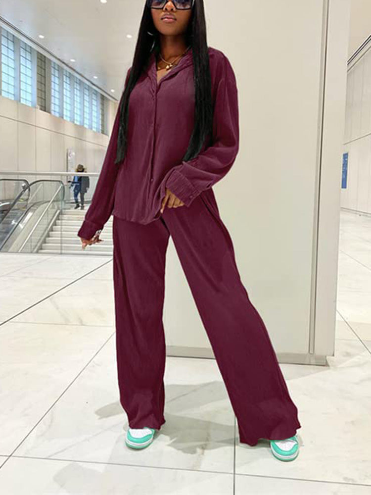 Pleated Top Wide Pants Set Camo Blue / 2XL