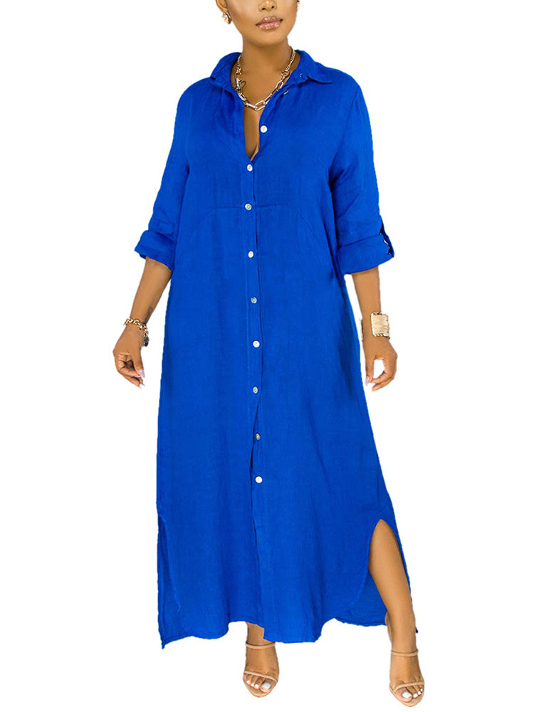 Button Down Loose Shirt Dress *Black / 2XL