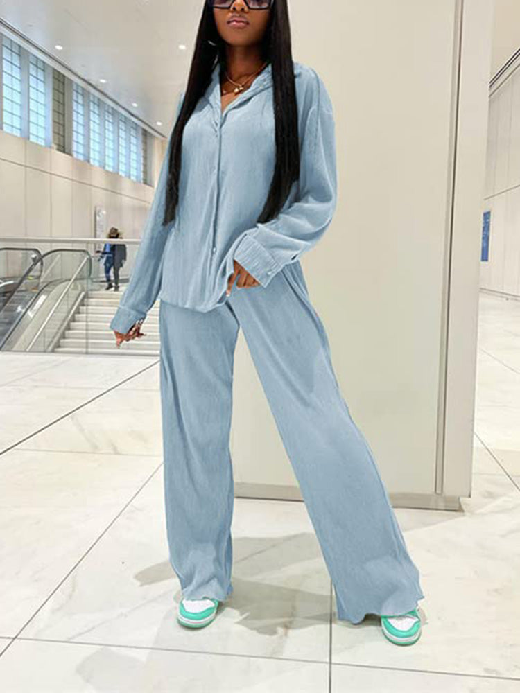 Pleated Top Wide Pants Set Camo Blue / M