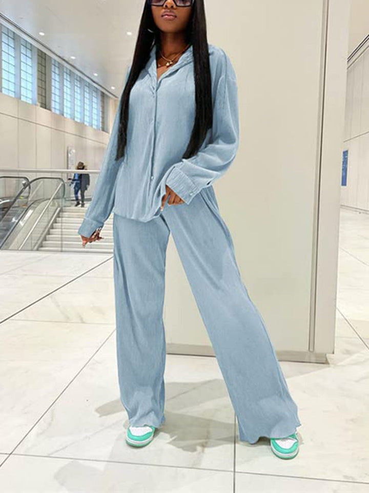 Pleated Top Wide Pants Set Camo Blue / M