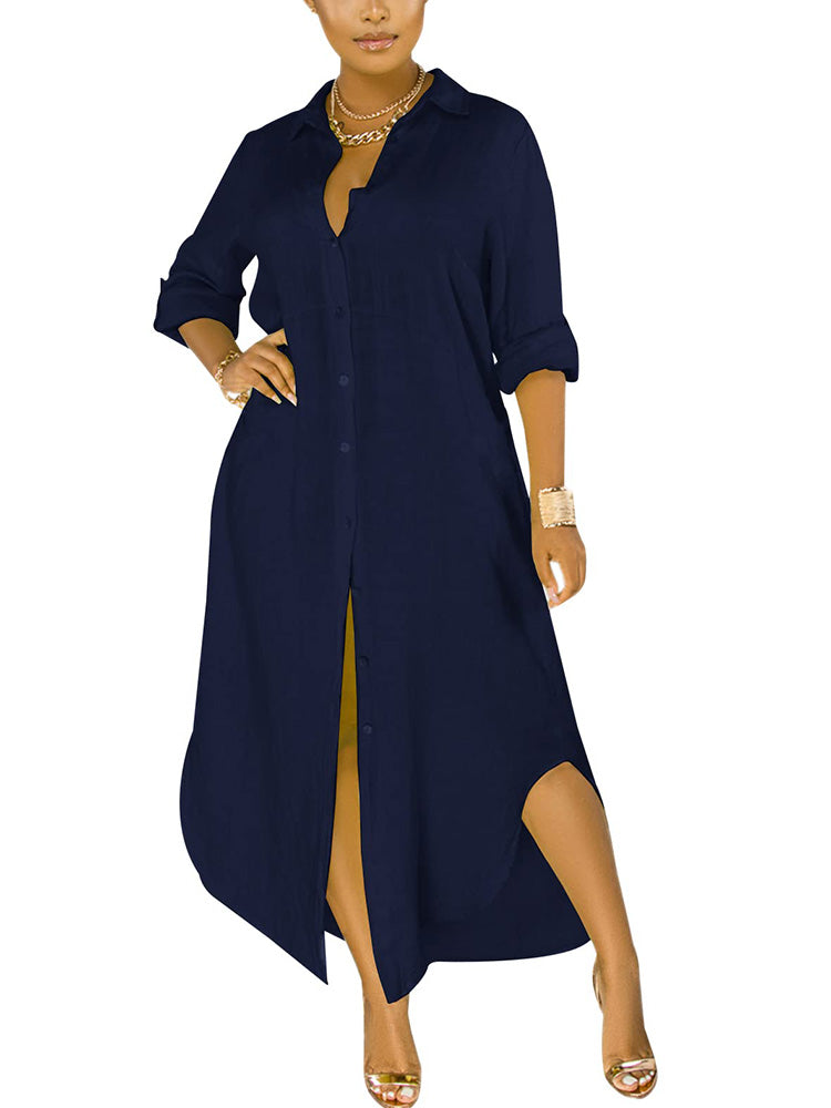 Button Down Loose Shirt Dress Dark Green / S