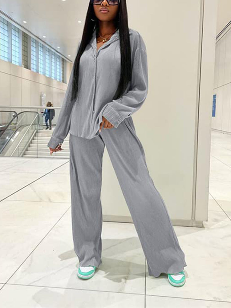 Pleated Top Wide Pants Set Camo Blue / S