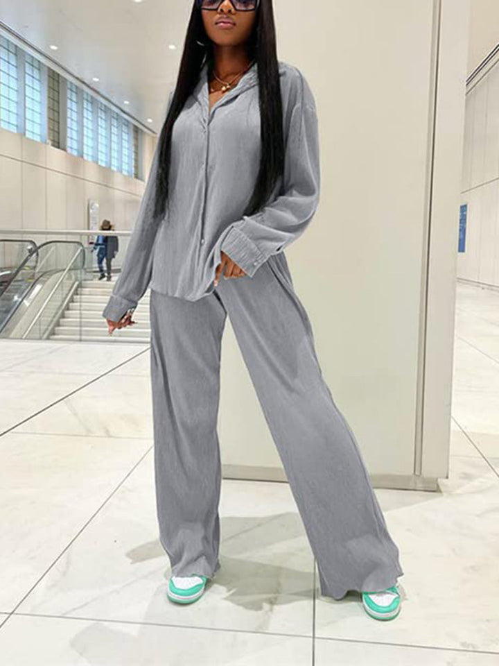 Pleated Top Wide Pants Set Camo Blue / S