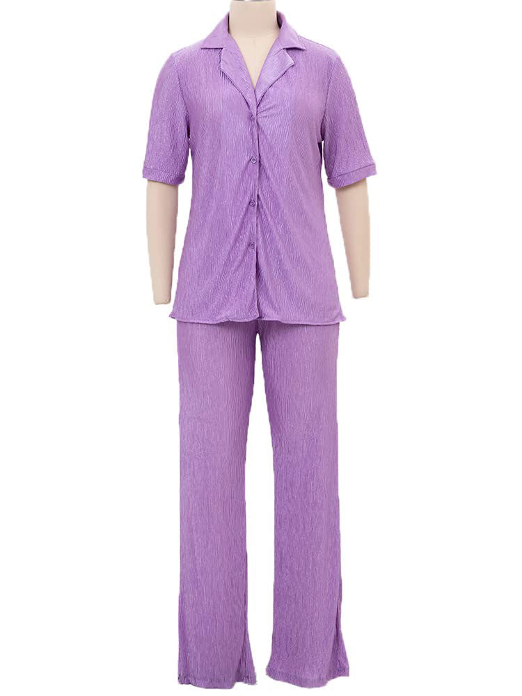 Short Sleeve Pleated Set Purple / L