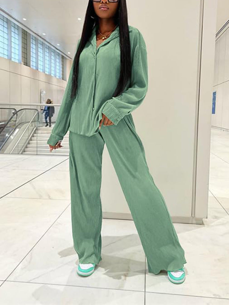 Pleated Top Wide Pants Set Camo Blue / XL