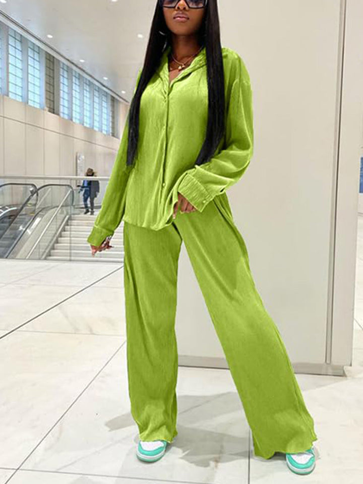 Pleated Top Wide Pants Set Grass Green / 2XL