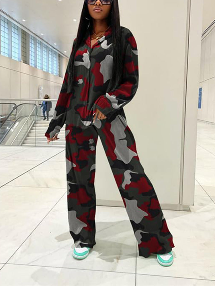 Pleated Top Wide Pants Set Camo Red / M