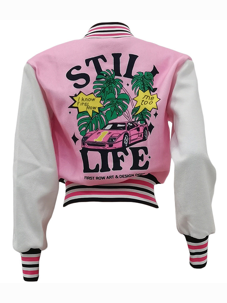 Letter Cropped Varsity Jacket Pink / XL