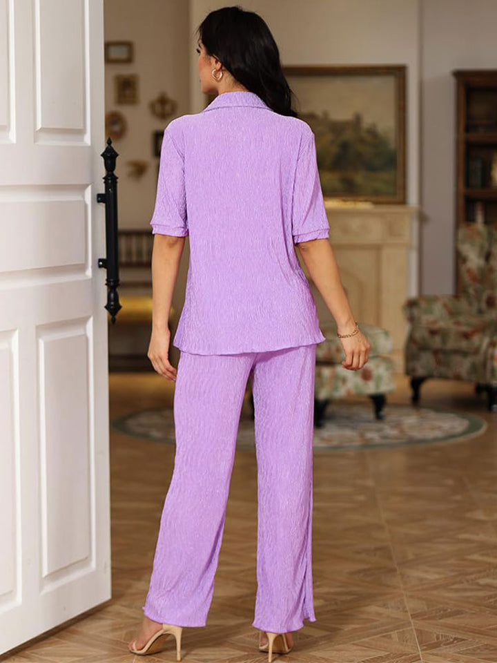 Short Sleeve Pleated Set Purple / M