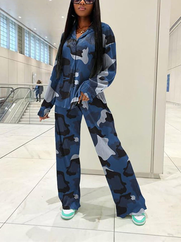 Pleated Top Wide Pants Set Camo Red / S