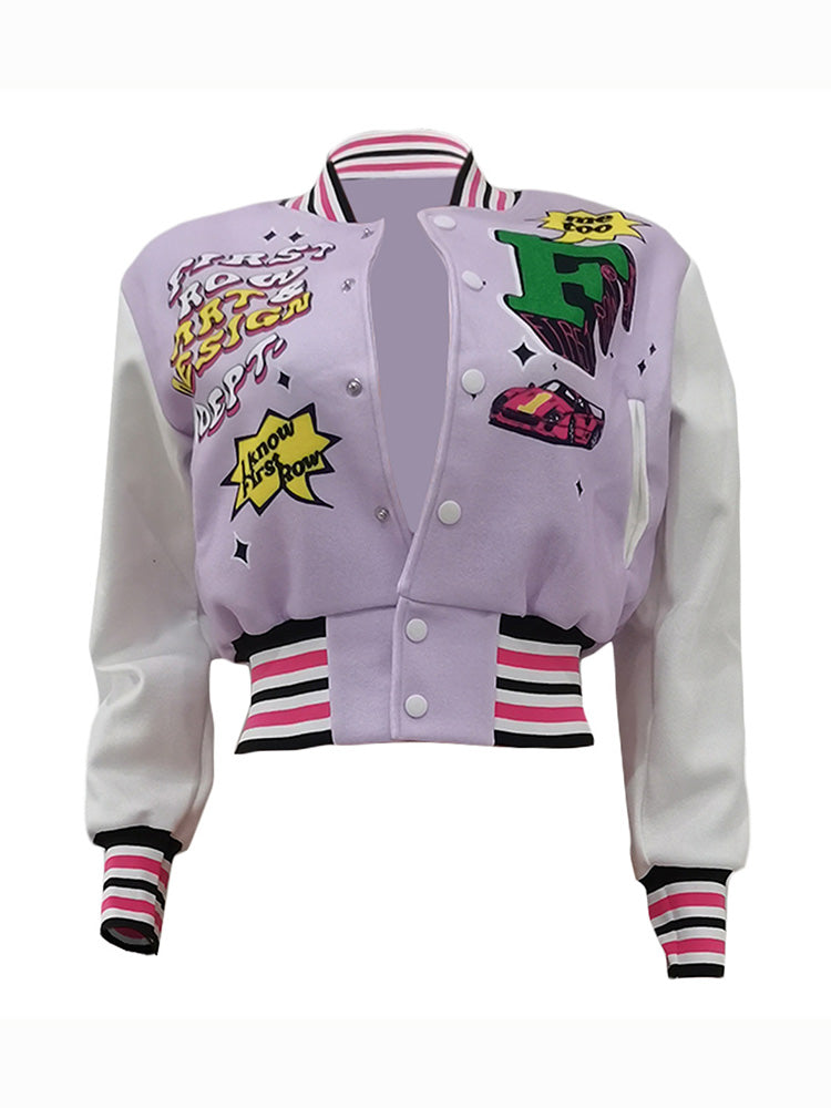 Letter Cropped Varsity Jacket Light Purple / XL