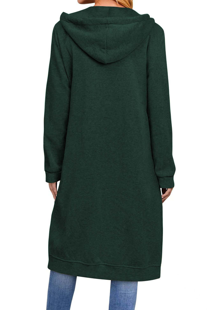 Solid Zip Up Drawstring Hooded Long Cardigan Navy Blue · M