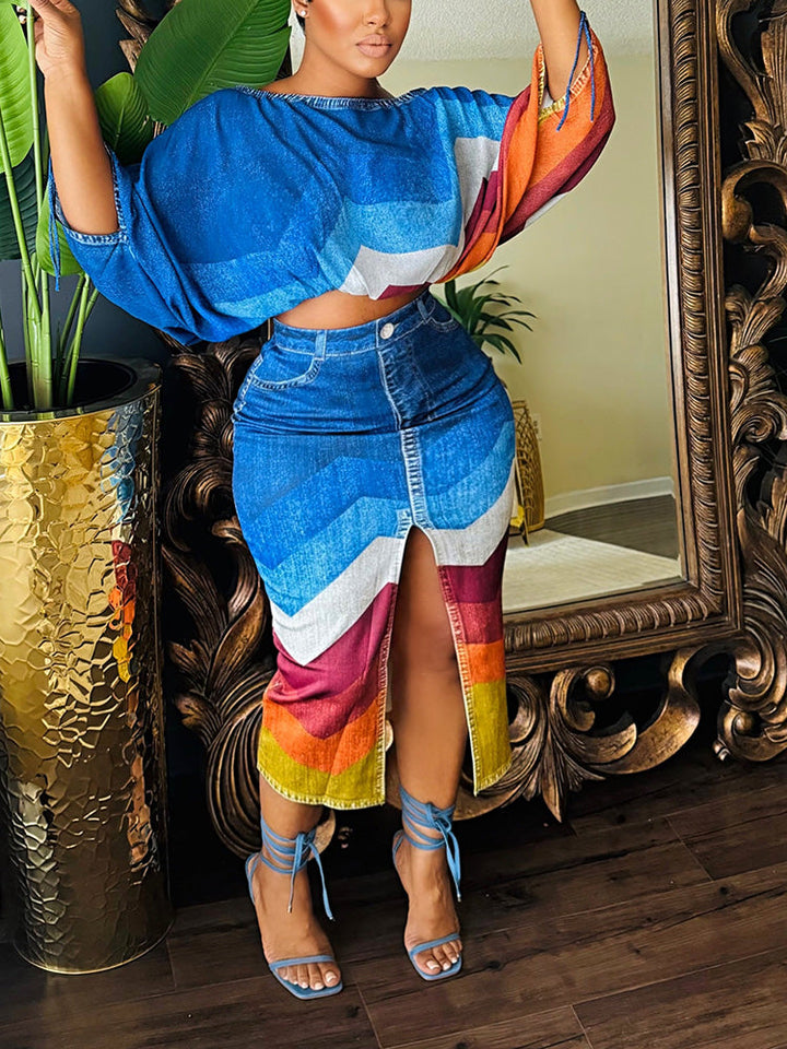 Print Bubble Top Skirt Set *Blue / S