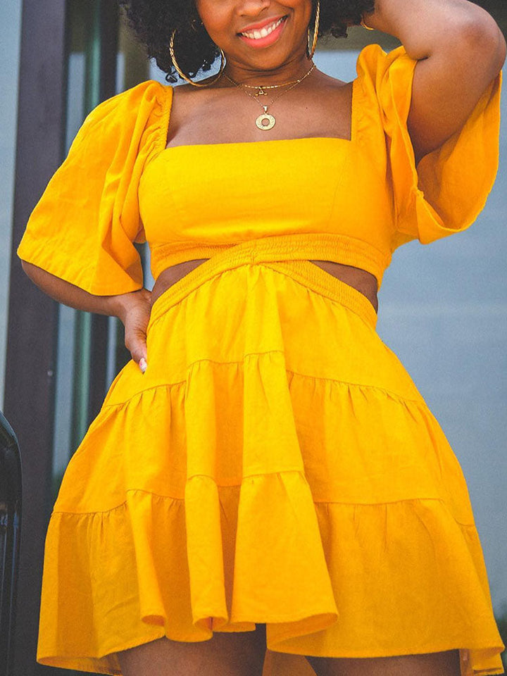 Hollowed Out Square Neck Dress Yellow / XL