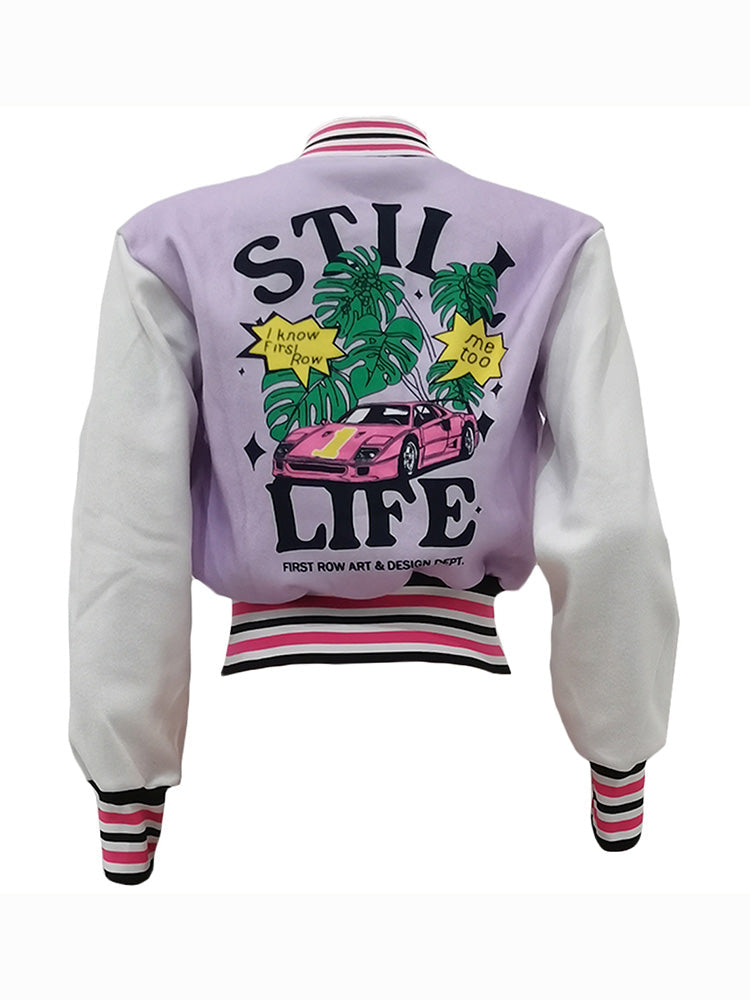 Letter Cropped Varsity Jacket Light Purple / 2XL