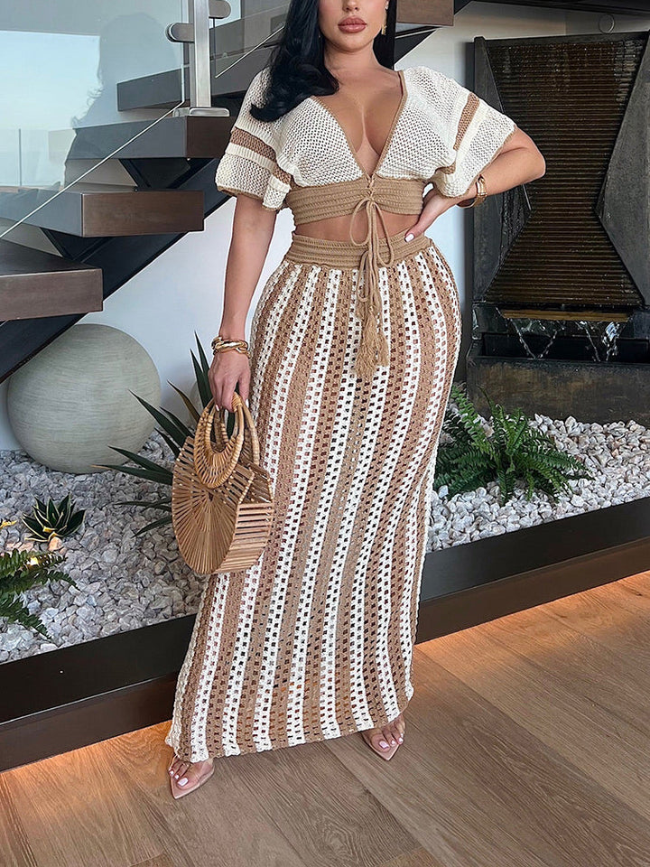Breezy Crochet Stripe Skirt Set Khaki / XL