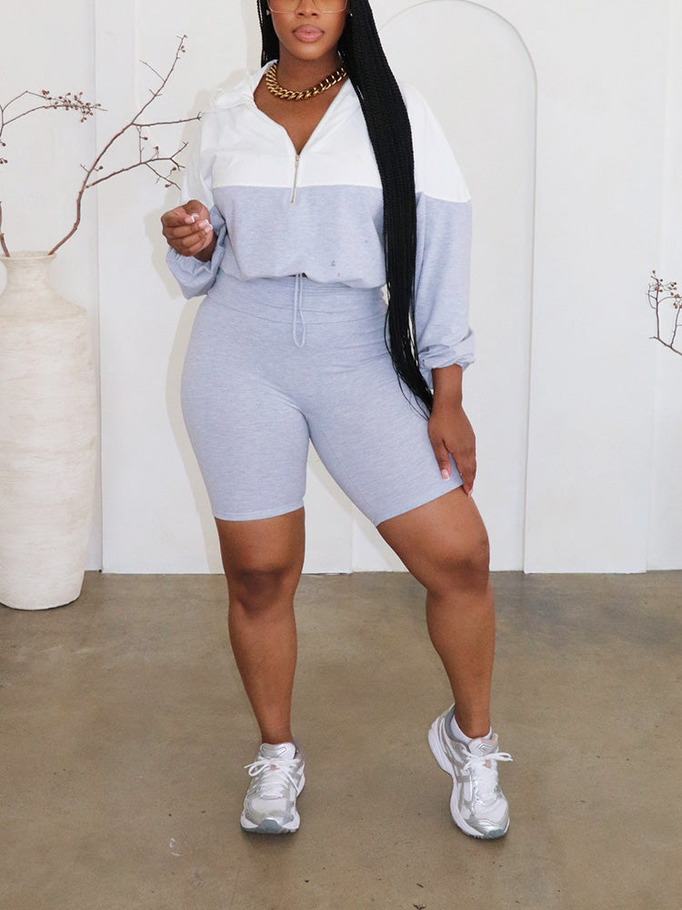 Half Zip Hoodie & Biker Shorts Set Light Gray / XL