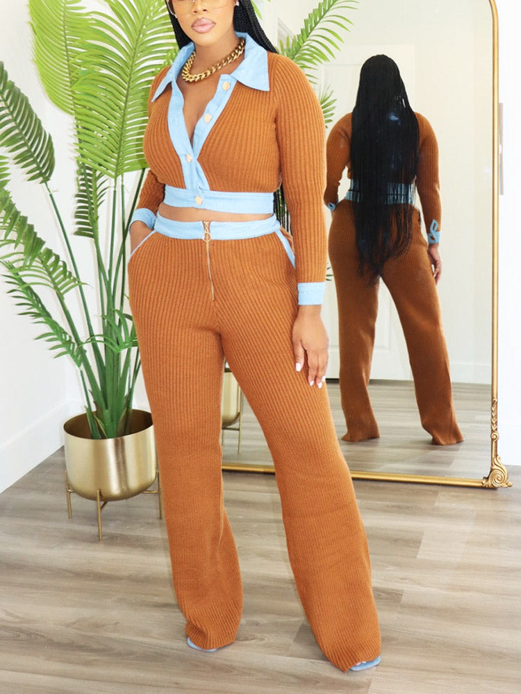 Denim-Trimmed Knit Set Brown* / XL